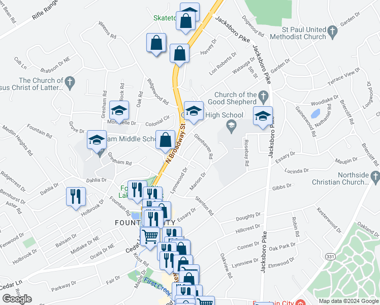 map of restaurants, bars, coffee shops, grocery stores, and more near 230 Lynnwood Drive in Knoxville