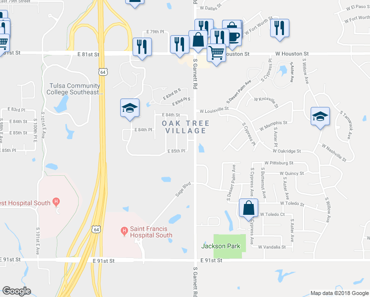 map of restaurants, bars, coffee shops, grocery stores, and more near 11124 East 85th Place in Tulsa