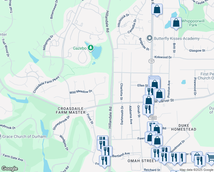map of restaurants, bars, coffee shops, grocery stores, and more near 3011 Wild Meadow Drive in Durham