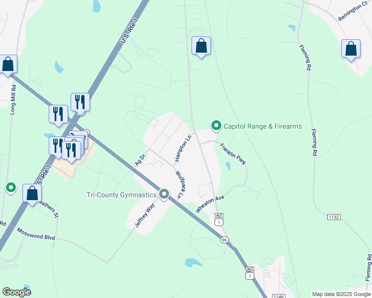map of restaurants, bars, coffee shops, grocery stores, and more near 300 Hampton Lane in Youngsville