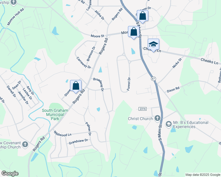 map of restaurants, bars, coffee shops, grocery stores, and more near Wedgewood Drive in Graham