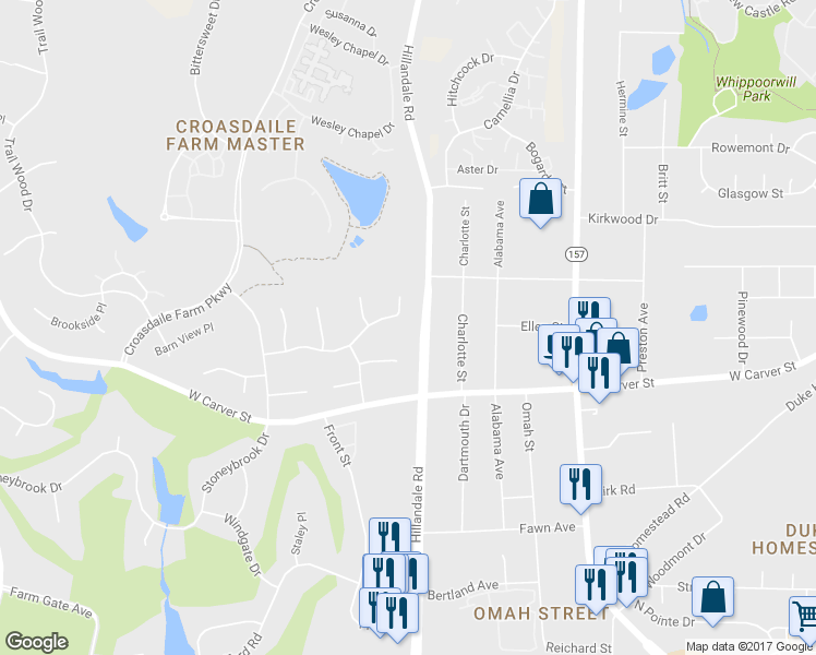 map of restaurants, bars, coffee shops, grocery stores, and more near 3011 Wild Meadow Drive in Durham