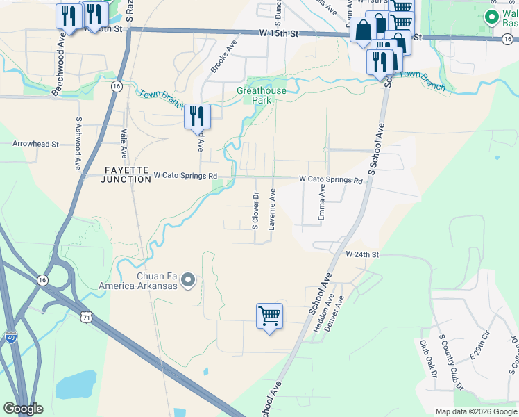 map of restaurants, bars, coffee shops, grocery stores, and more near 2248 South Clover Drive in Fayetteville