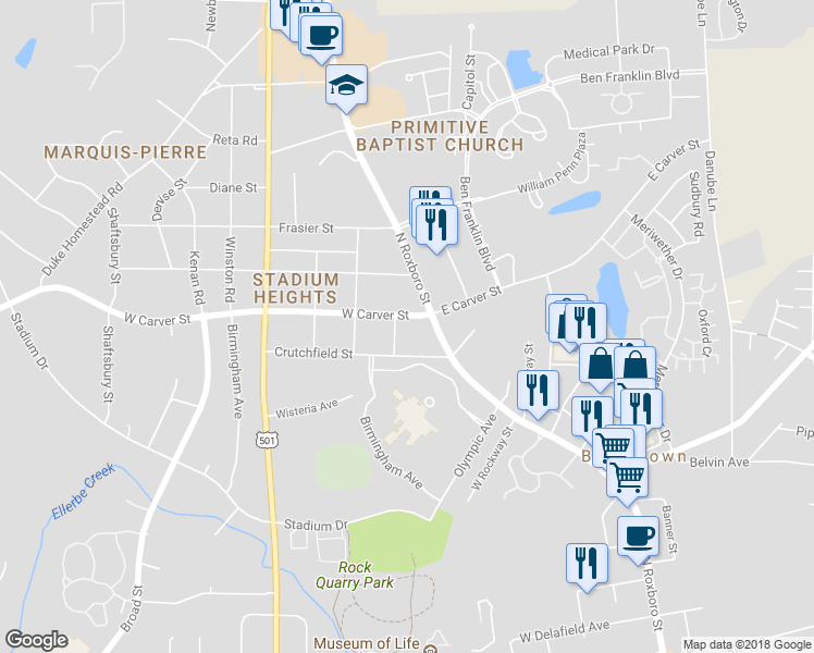 map of restaurants, bars, coffee shops, grocery stores, and more near 107 West Carver Street in Durham