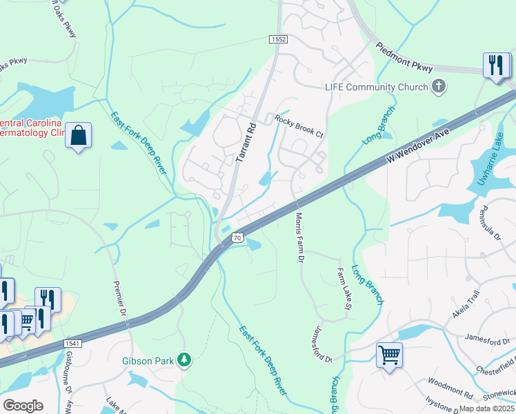map of restaurants, bars, coffee shops, grocery stores, and more near 5117 State Road 1541 in Jamestown
