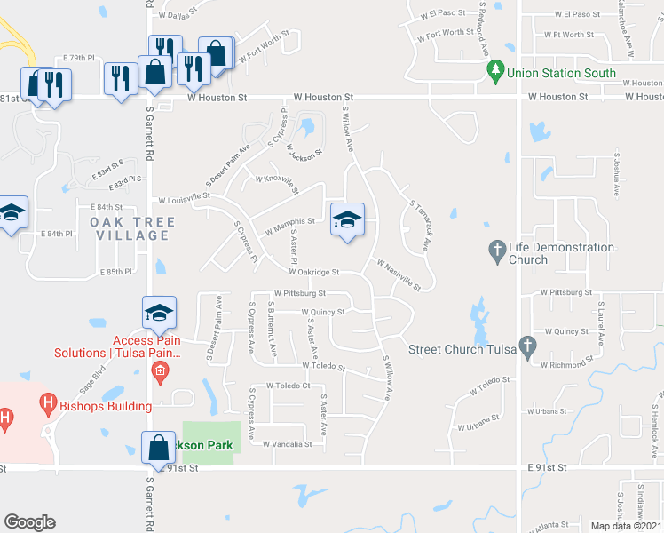 map of restaurants, bars, coffee shops, grocery stores, and more near 4300 West Oakridge Street in Broken Arrow