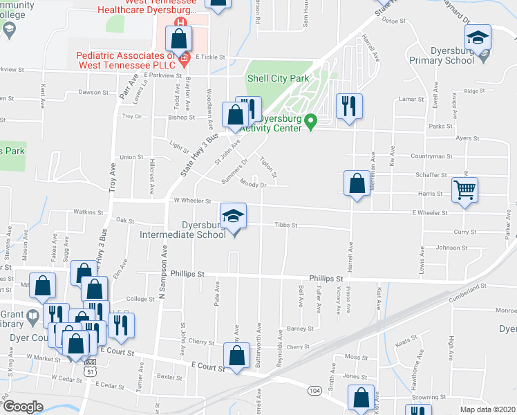 map of restaurants, bars, coffee shops, grocery stores, and more near 825 West Wheeler Street in Dyersburg
