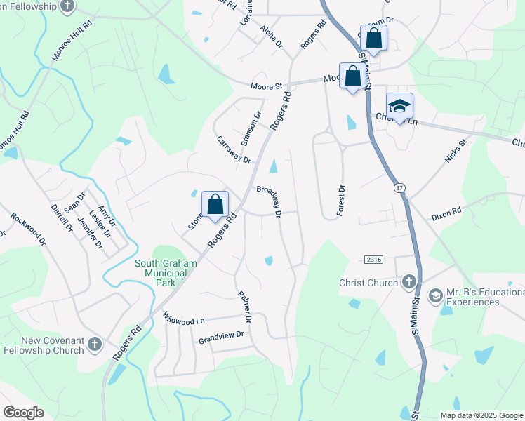 map of restaurants, bars, coffee shops, grocery stores, and more near 411 Ridgecrest Street in Graham