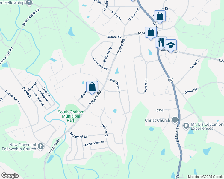 map of restaurants, bars, coffee shops, grocery stores, and more near 411 Ridgecrest Street in Graham