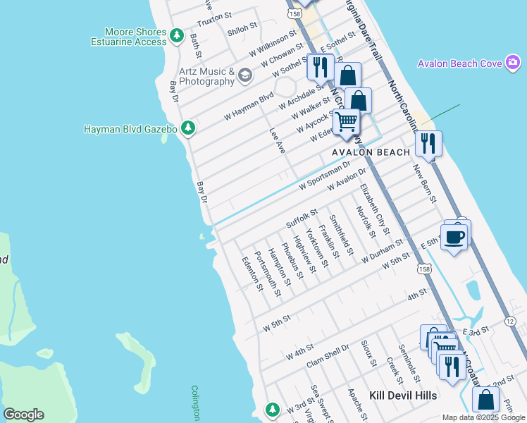 map of restaurants, bars, coffee shops, grocery stores, and more near 802 West Sportsman Drive in Kill Devil Hills