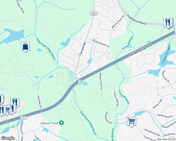 map of restaurants, bars, coffee shops, grocery stores, and more near 4301 River Rock Point in Greensboro