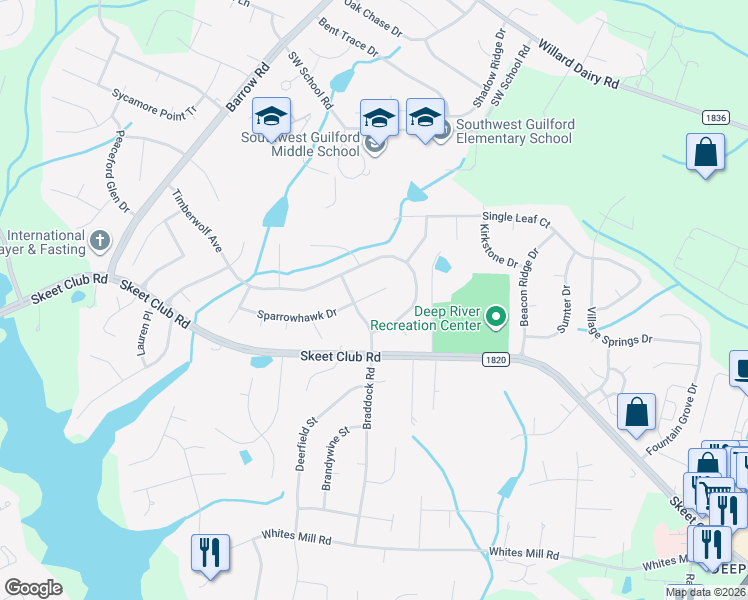 map of restaurants, bars, coffee shops, grocery stores, and more near 3309 Sparrowhawk Drive in High Point