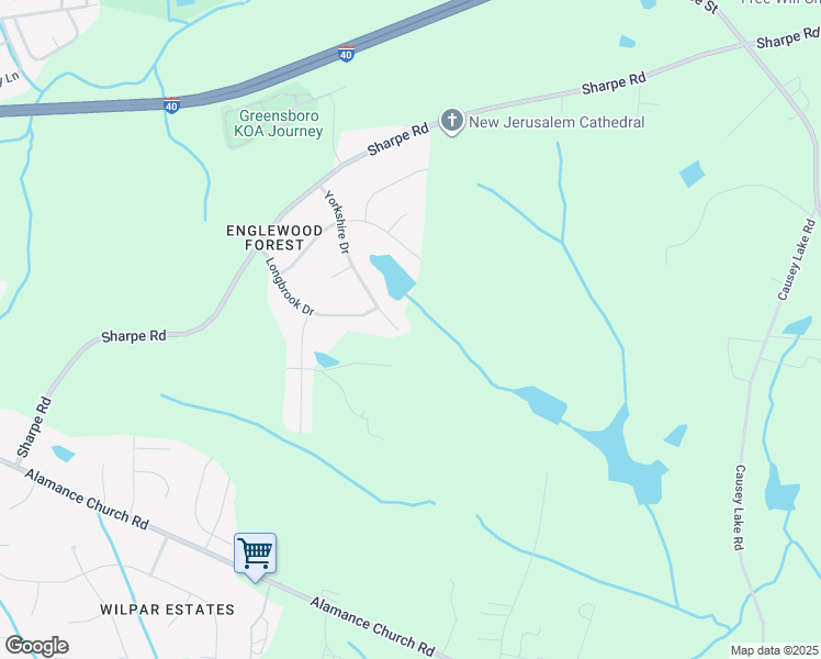 map of restaurants, bars, coffee shops, grocery stores, and more near 2303 Yorkshire Drive in Greensboro