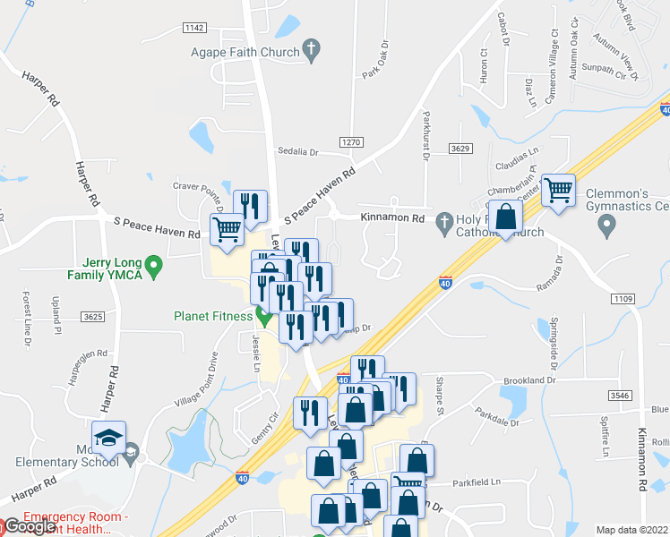 map of restaurants, bars, coffee shops, grocery stores, and more near 2350 Bay Meadows Court in Winston-Salem