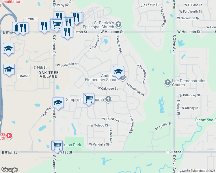 map of restaurants, bars, coffee shops, grocery stores, and more near 4304 West Oakridge Street in Broken Arrow