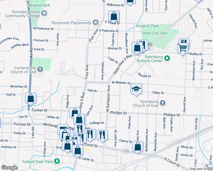map of restaurants, bars, coffee shops, grocery stores, and more near 731 North Sampson Avenue in Dyersburg