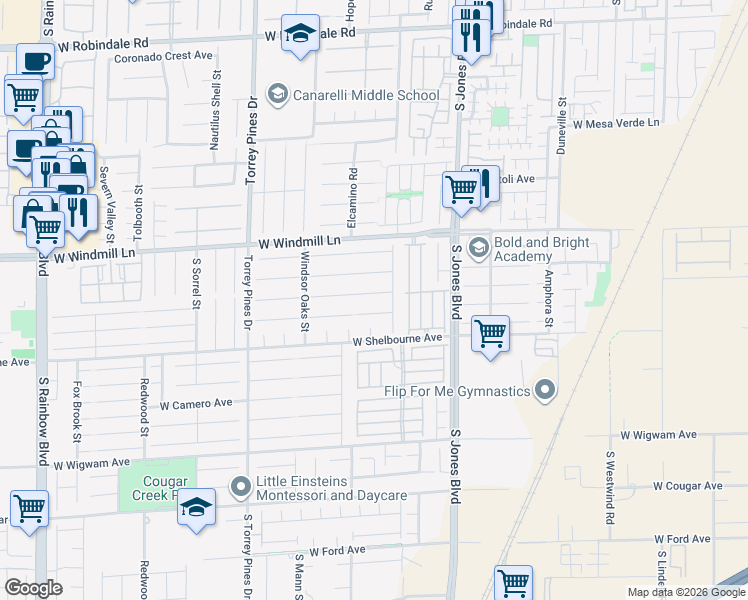 map of restaurants, bars, coffee shops, grocery stores, and more near 6207 Mount Palomar Avenue in Las Vegas