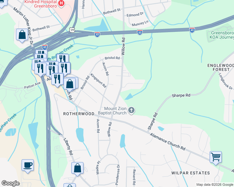 map of restaurants, bars, coffee shops, grocery stores, and more near 2026 Willow Road in Greensboro