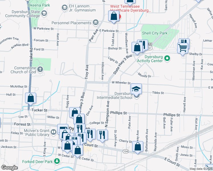 map of restaurants, bars, coffee shops, grocery stores, and more near 731 North Sampson Avenue in Dyersburg