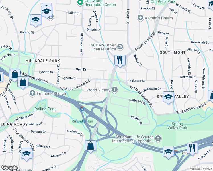 map of restaurants, bars, coffee shops, grocery stores, and more near 1301 West Meadowview Road in Greensboro