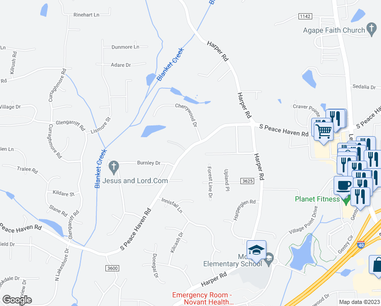 map of restaurants, bars, coffee shops, grocery stores, and more near 1260 South Peace Haven Road in Clemmons