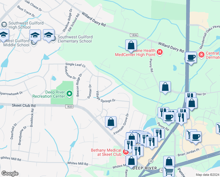 map of restaurants, bars, coffee shops, grocery stores, and more near 3735 Single Leaf Circle in High Point