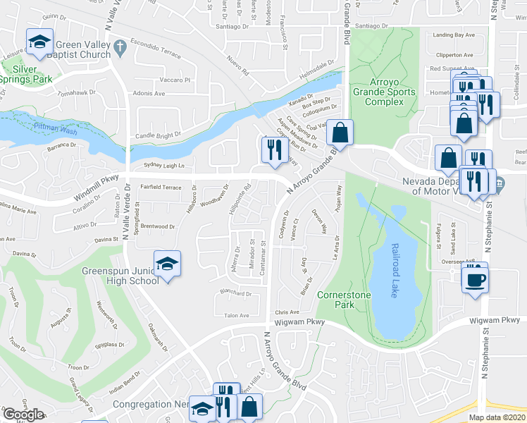 map of restaurants, bars, coffee shops, grocery stores, and more near 1851 Hillpointe Road in Henderson