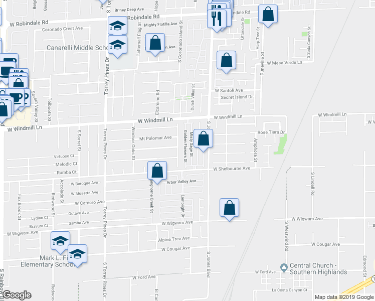 map of restaurants, bars, coffee shops, grocery stores, and more near 8174 Misty Sage Street in Las Vegas