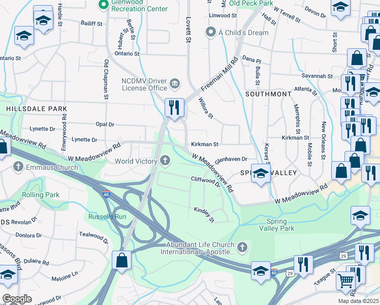 map of restaurants, bars, coffee shops, grocery stores, and more near 1328 Kirkman Street in Greensboro