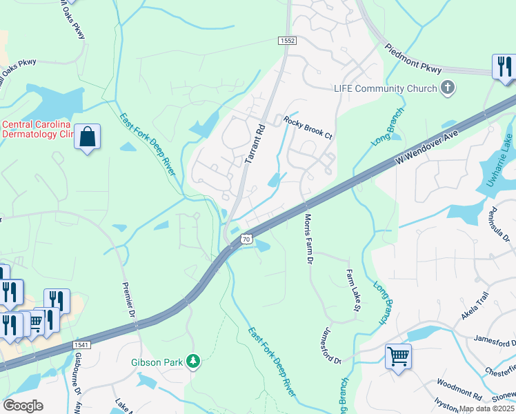 map of restaurants, bars, coffee shops, grocery stores, and more near 4302 R1 Timberbrooke Drive in Greensboro