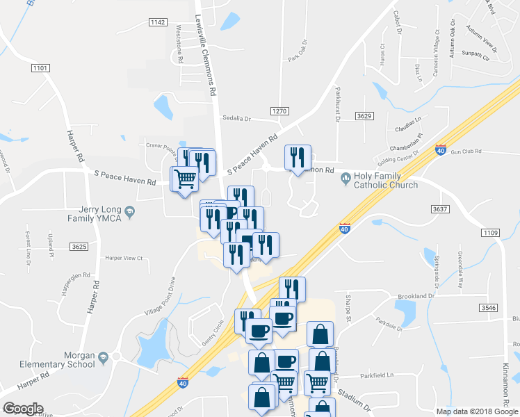 map of restaurants, bars, coffee shops, grocery stores, and more near 2365 Colonial Arms in Winston-Salem