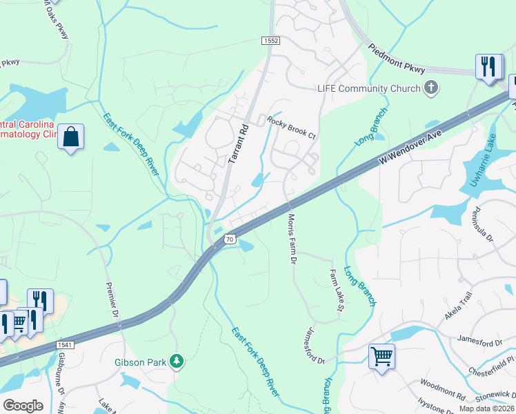 map of restaurants, bars, coffee shops, grocery stores, and more near 4335 Cedarcroft Court in Greensboro