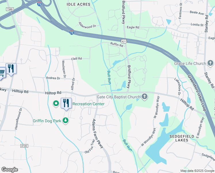map of restaurants, bars, coffee shops, grocery stores, and more near 5236 Hilltop Road in Jamestown