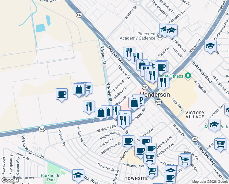 map of restaurants, bars, coffee shops, grocery stores, and more near 15 Lowery Street in Henderson