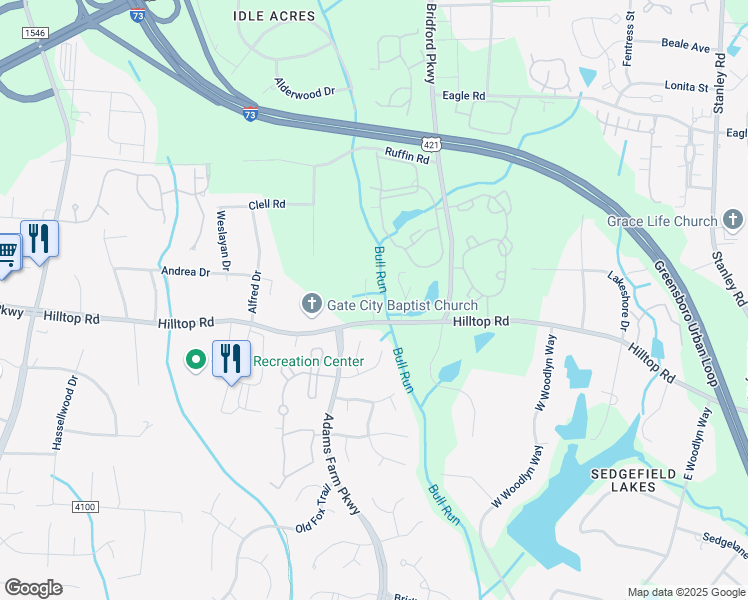 map of restaurants, bars, coffee shops, grocery stores, and more near 5236 Hilltop Road in Greensboro
