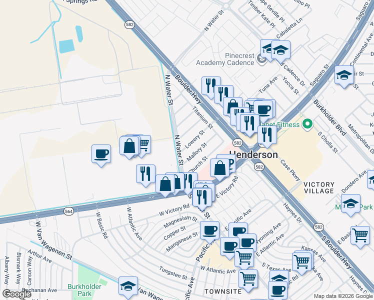 map of restaurants, bars, coffee shops, grocery stores, and more near 15 Lowery Street in Henderson