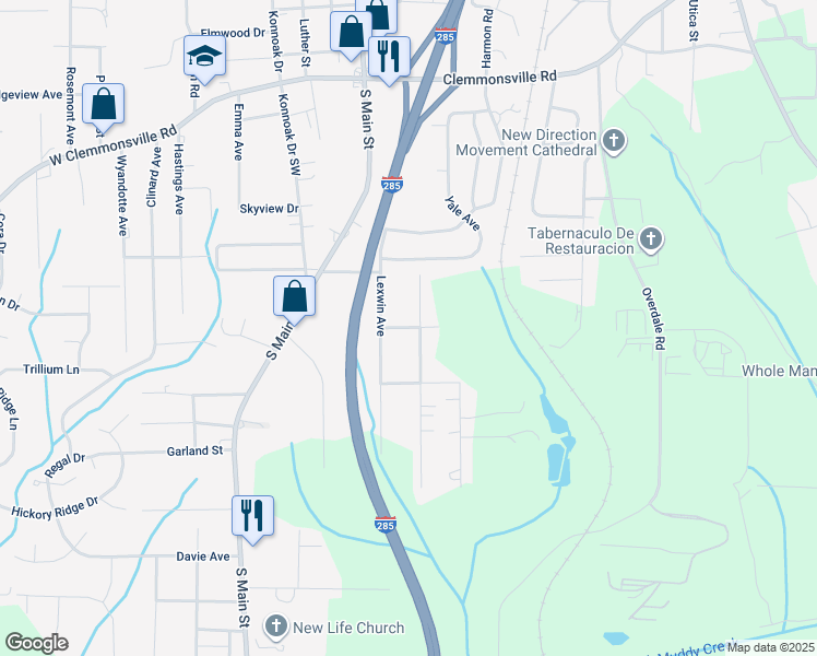 map of restaurants, bars, coffee shops, grocery stores, and more near Wainwright Street in Winston-Salem