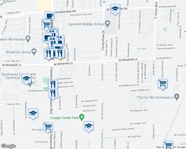 map of restaurants, bars, coffee shops, grocery stores, and more near 8173 Crimson Creek Court in Las Vegas