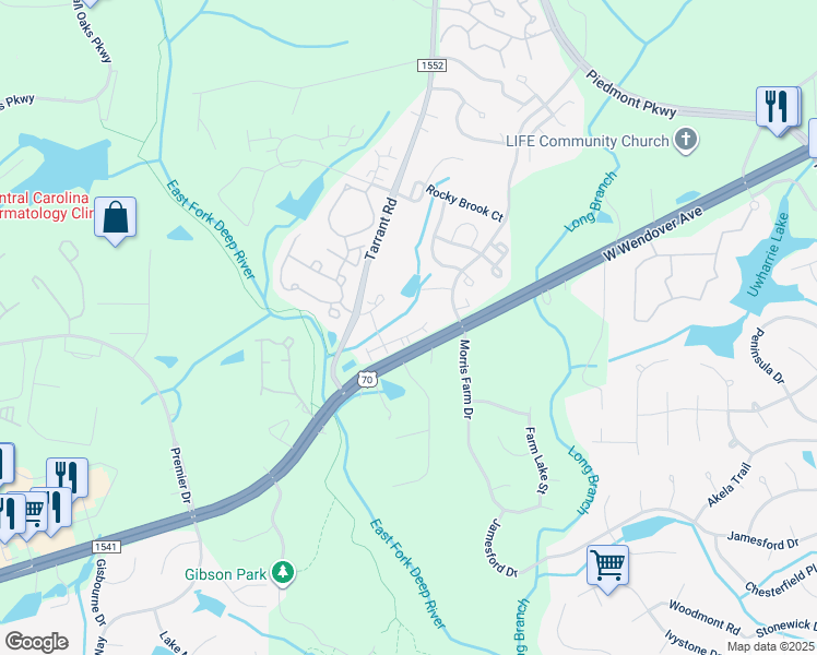 map of restaurants, bars, coffee shops, grocery stores, and more near 4335 Cedarcroft Court in Jamestown