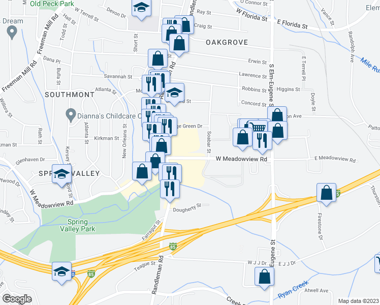 map of restaurants, bars, coffee shops, grocery stores, and more near 312 West Meadowview Road in Greensboro