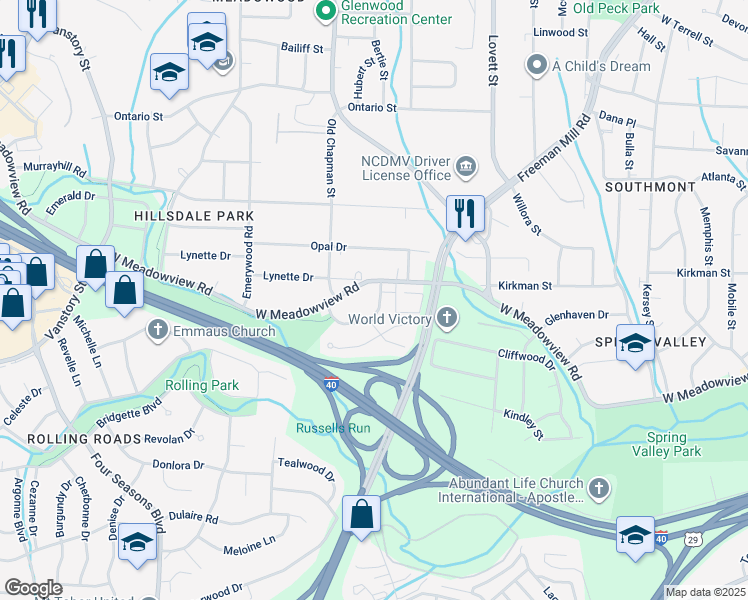 map of restaurants, bars, coffee shops, grocery stores, and more near 2304 Wachovia Drive in Greensboro