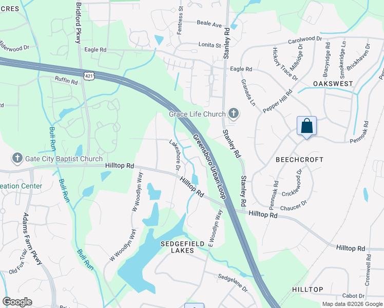 map of restaurants, bars, coffee shops, grocery stores, and more near 5026 Hilltop Road in Greensboro