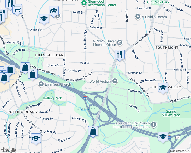 map of restaurants, bars, coffee shops, grocery stores, and more near 2304 Wachovia Drive in Greensboro