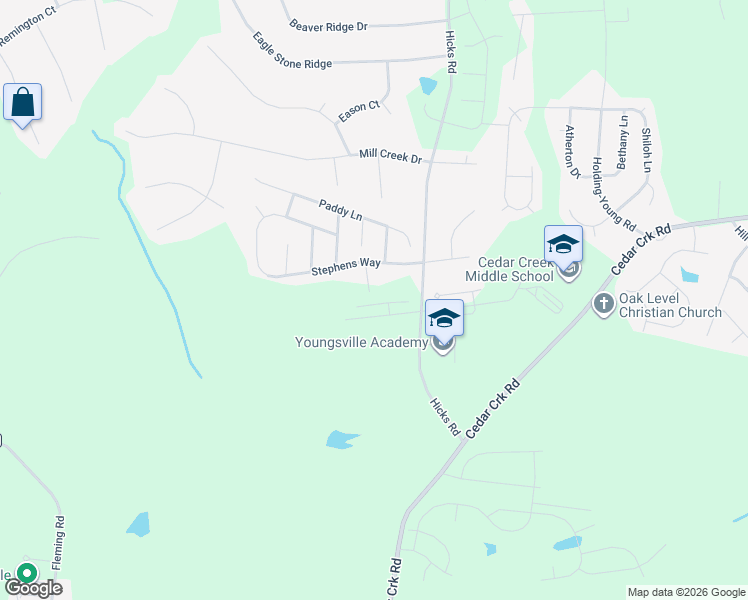 map of restaurants, bars, coffee shops, grocery stores, and more near 65 James Joyce Court in Youngsville
