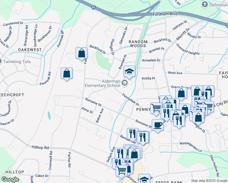 map of restaurants, bars, coffee shops, grocery stores, and more near 4414 Pennydale Drive in Greensboro