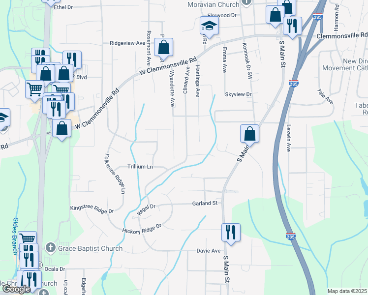 map of restaurants, bars, coffee shops, grocery stores, and more near 3860 Clinard Avenue in Winston-Salem