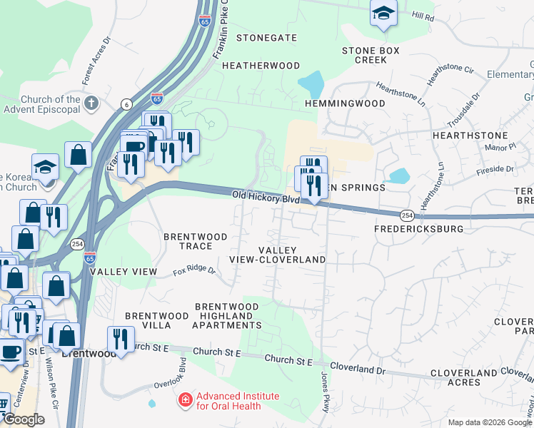 map of restaurants, bars, coffee shops, grocery stores, and more near 804 Valley View Circle in Brentwood