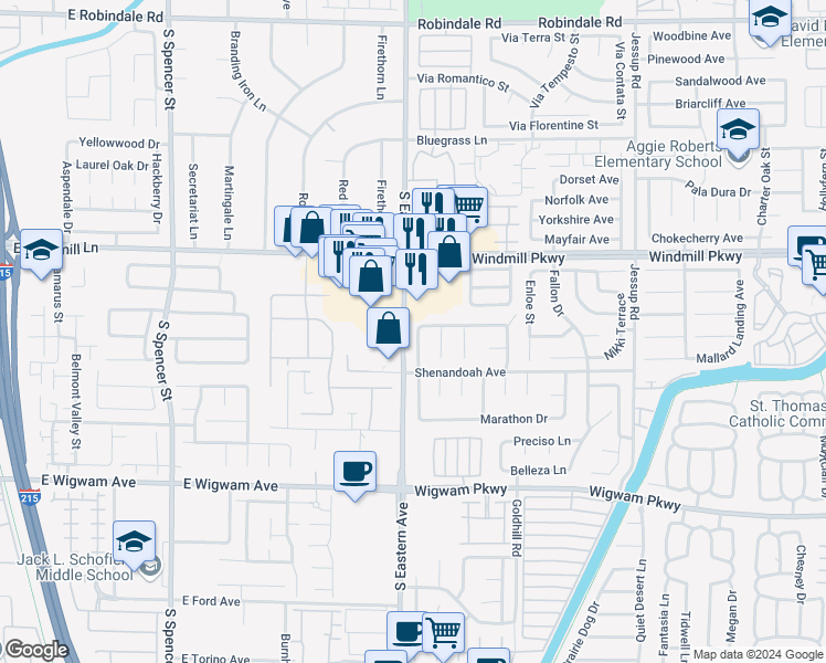 map of restaurants, bars, coffee shops, grocery stores, and more near 163 Cascade Drive in Henderson