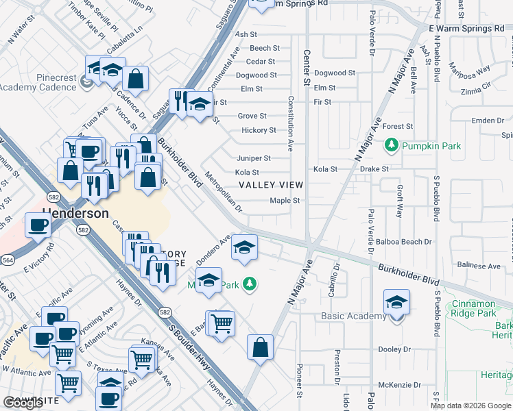 map of restaurants, bars, coffee shops, grocery stores, and more near 112 East Maple Street in Henderson