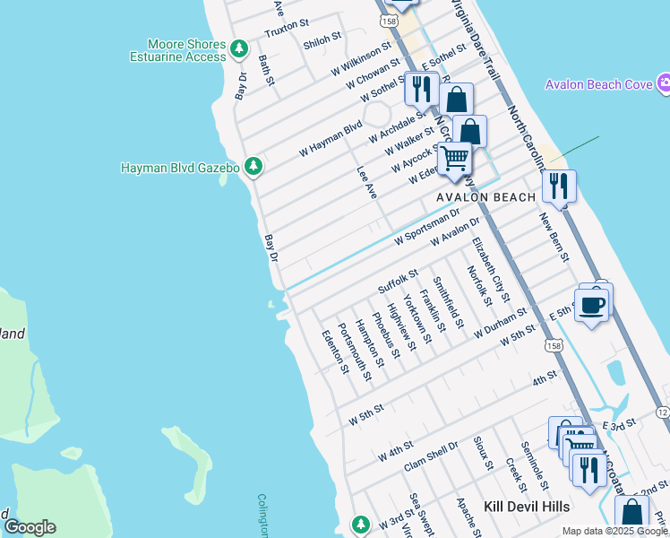 map of restaurants, bars, coffee shops, grocery stores, and more near 906 W Sportsman Dr in Kill Devil Hills